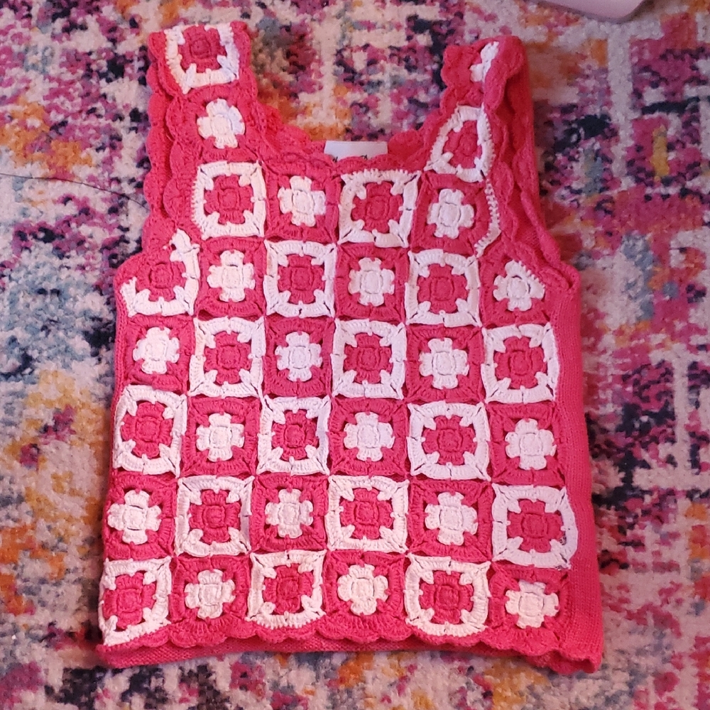Charming Pink and White Crochet Tank Top for Kids